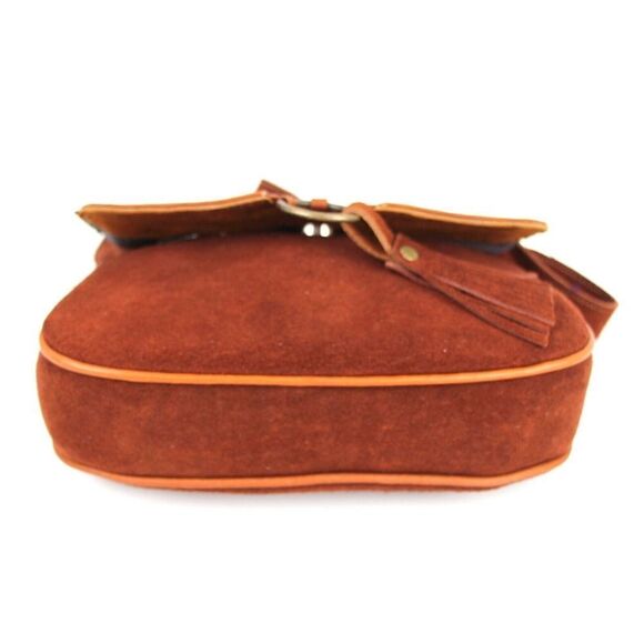 HANDCRAFTED BROWN GENUINE LEATHER SUEDE EMBROIDERY FLAP XBODY PURSE SHOULDER BAG - Picture 7 of 16